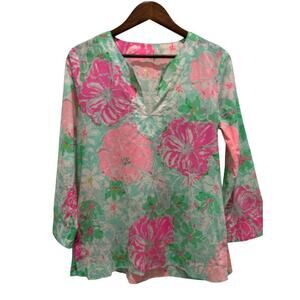 Lilly Pulitzer Amelia Island Tunic Top Pullover Green Pink Floral Size M